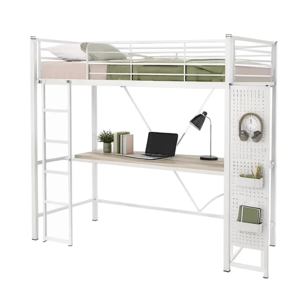 Łóżko Loft z biurkiem 90 x 200 cm stali MDF prostokątny biały dąb