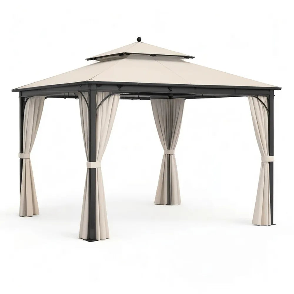 Pergola, Pawilon ogrodowy 300x300x270 cm beżowy z poliestrowymi zasłonami dachowymi i stalową ramą o kolorze antracytowym