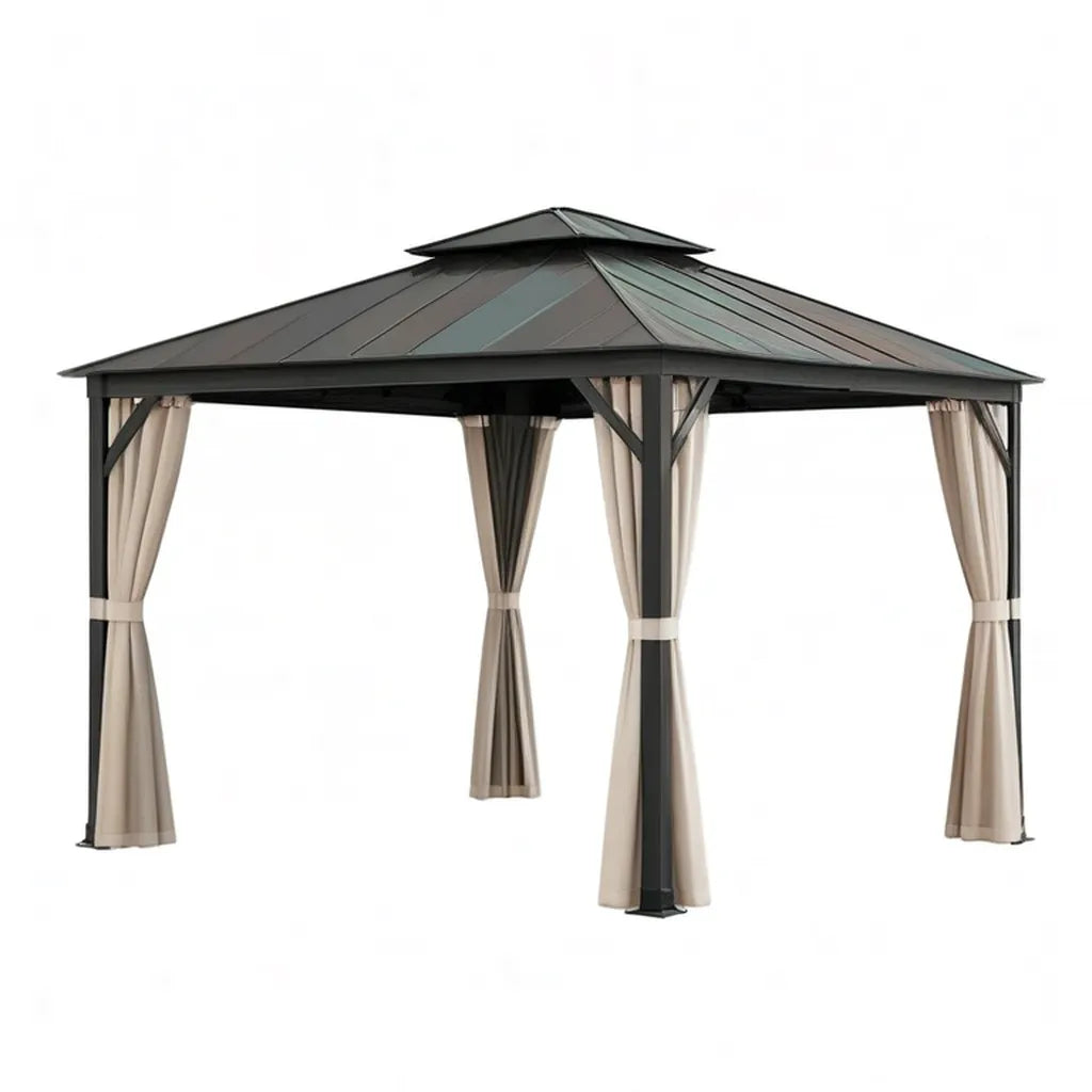 Pergola, Pawilon 300 x 300 x 275 cm stalowa rama stalowy dach z poliestrowymi zasłonami kwadratowymi ciemnoszary beż