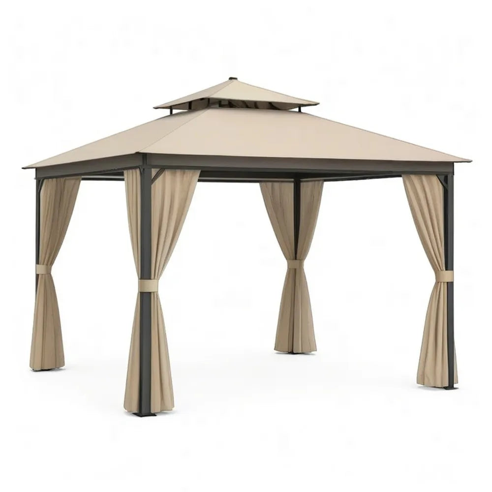 Pergola, Pawilon ogrodowy 300 x 300 x 270 cm Pawilon metalowy Beżnia z kurtyną i podwójnym dachem