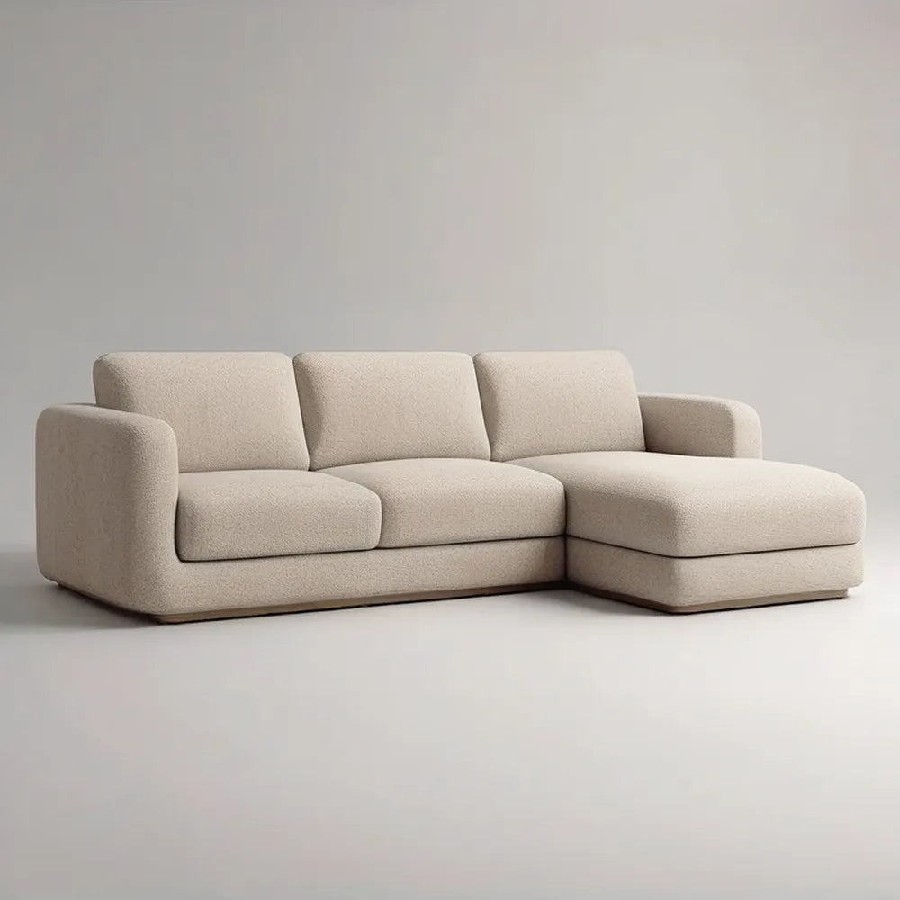 Sofa, Kanapa narożna 280x160x85 cm w beżowej tkaninie z krzesełkowym longiem i wyściełanymi poduszkami