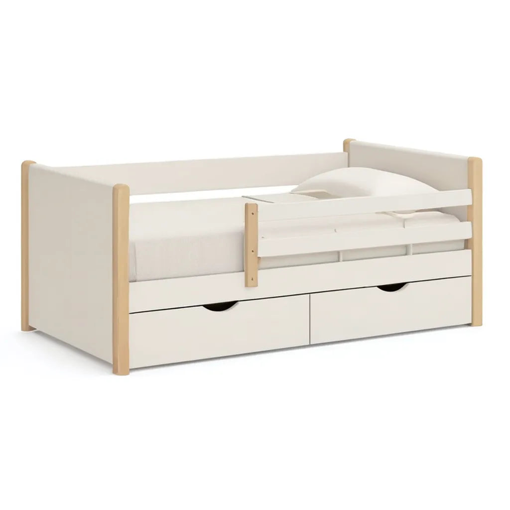 Łóżko, łóżeczko dziecięce z zabezpieczeniem przed upadkiem i 2 szuflady 70 x 140 cm MDF lite drewno bukowe prostokątne białe naturalna