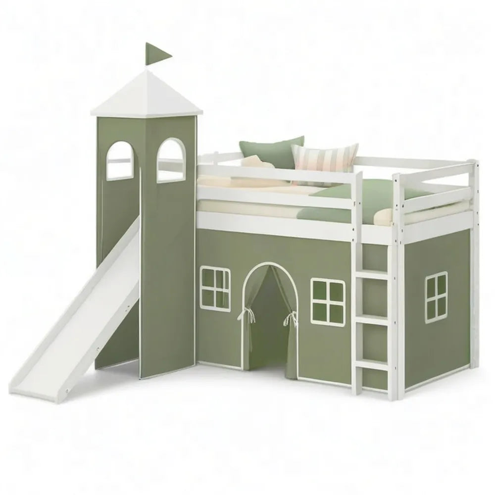 Łóżko dziecięce 90 x 200 cm biały / zielony z drabinką slajdów i playhouse