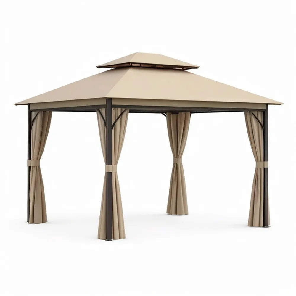 Pergola, Pawilon ogrodowy 3 x 4 m z aluminiową ramą z poliestru dachu i zasłony beżowe / ciemnoszary