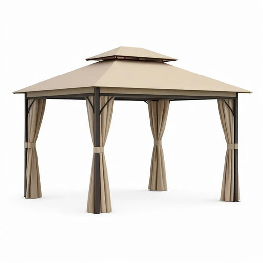 Pergola, Pawilon ogrodowy 3 x 4 m z aluminiową ramą z poliestru dachu i zasłony beżowe / ciemnoszary
