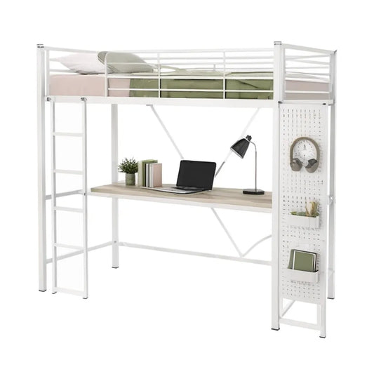Łóżko Loft z biurkiem 90 x 200 cm stali MDF prostokątny biały dąb
