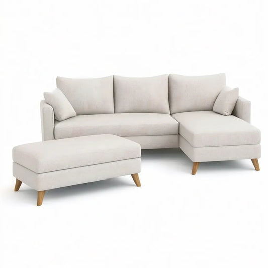 Sofa z prostym szezlongiem i beżowym poliestrem ottoman 230 x 150 x 85 cm