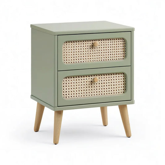 Szafka nocna, Stół do spania 50 x 40 cm z dwiema szufladami Rattanfront MDF Materiał na bazie drewna Zielony / Naturalne kolory / Złota kolor