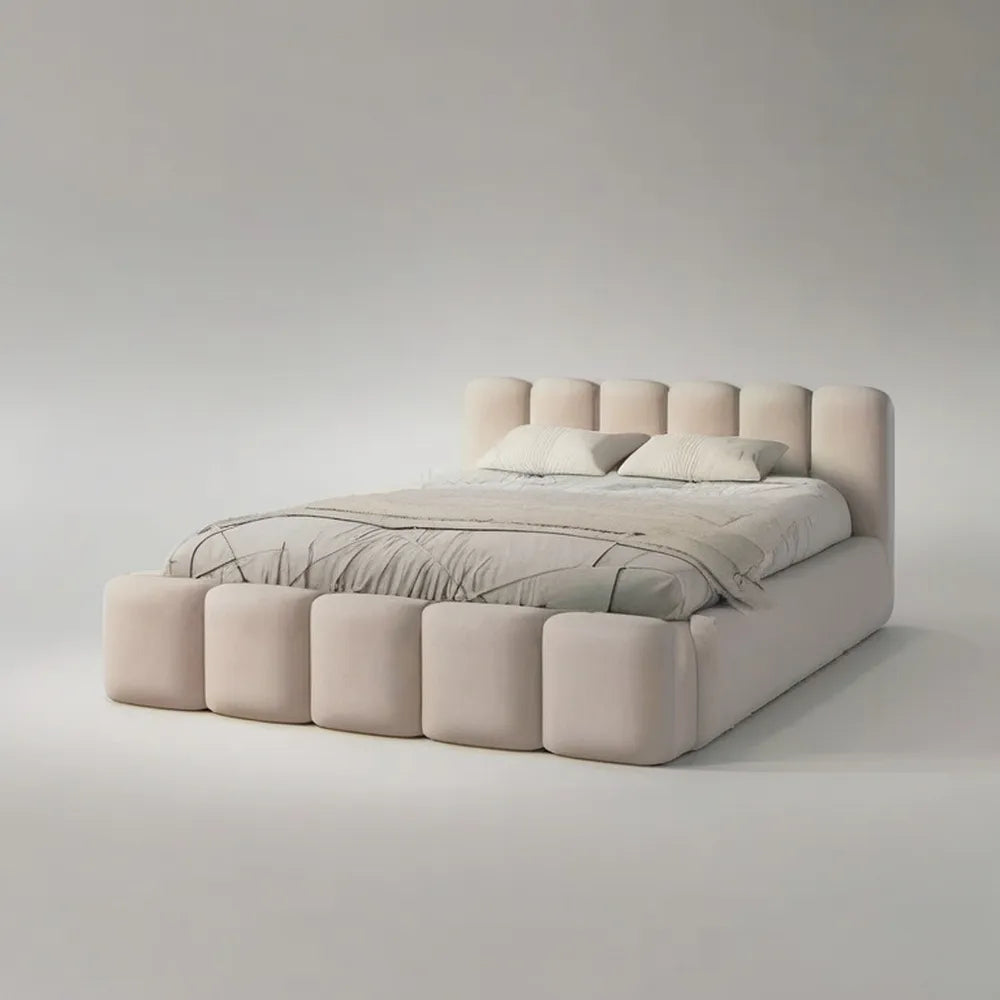Łóżko z pojemnikiem, Bed Double Container 160 x 200 cm Beżowa Polyester z Sagomate Headboard i Pediera
