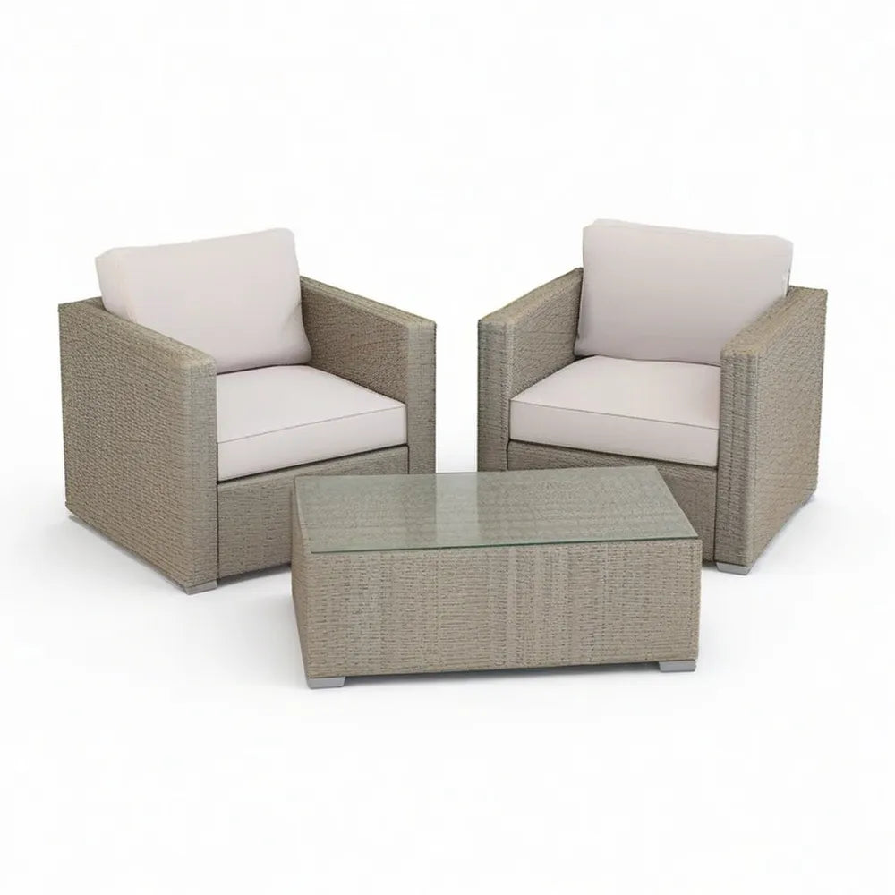 Sofa ogrodowa, Grupa siedzenia ogrodowe 3-częściowa z 2 fotelami i stołem Polirattan Optics szary Beige Transparent 180 x 70 x 65 cm