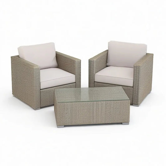 Sofa ogrodowa, Grupa siedzenia ogrodowe 3-częściowa z 2 fotelami i stołem Polirattan Optics szary Beige Transparent 180 x 70 x 65 cm
