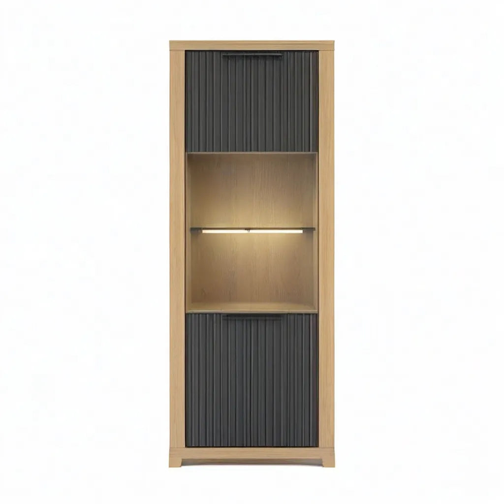 Witryna, Okno salonu 70 x 40 x 190 cm w melaminowanych panelach dębowych wystrój z czarnymi drzwiami rowkowymi i oświetleniem LED