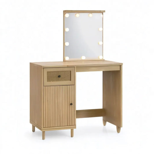 Toaletka, Make- up stół z oświetlonym lustrem 80 x 40 x 140 cm rattan MDF prostokątna dąb jasny
