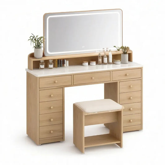 Toaletka, Make- up stół 140 x 45 x 130 cm naturalne drewno optyka z szuflad i stolców luster LED