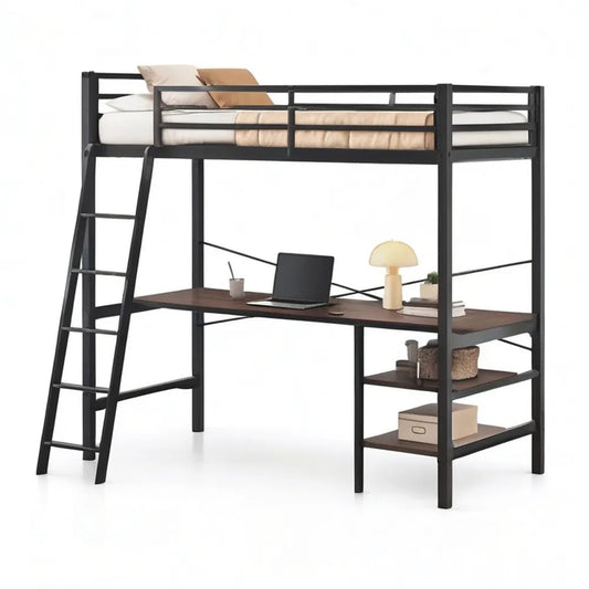 Łóżko Loft z biurkiem 90 x 200 cm czarny z stanowiska roboczego i przegródek magazynowych