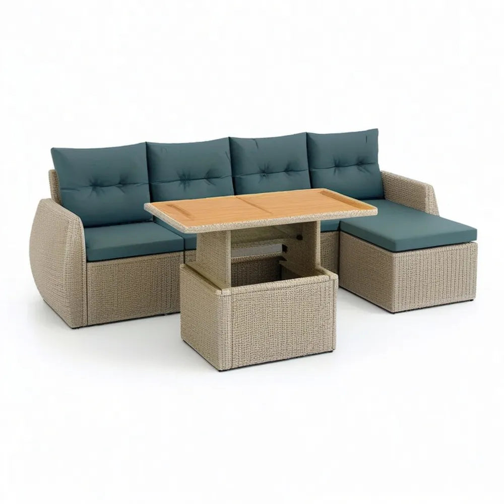 Sofa ogrodowa, Ogród salon zestaw narożna sofa z tabeli Polirattan plecione beżowe ciemnoniebieski naturalna 250 x 75 cm