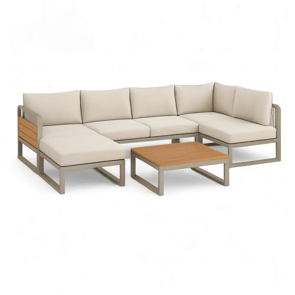 Sofa ogrodowa, 4-częściowy salon ogrodowy z narożną sofą i stolikiem do kawy aluminiowa rama Beige szary Brązowy