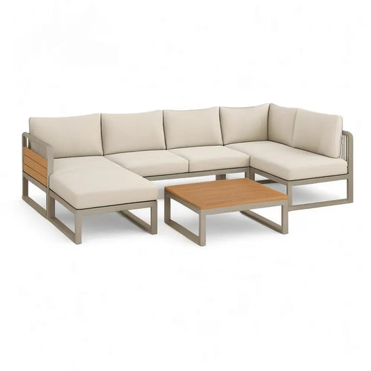 Sofa ogrodowa, 4-częściowy salon ogrodowy z narożną sofą i stolikiem do kawy aluminiowa rama Beige szary Brązowy