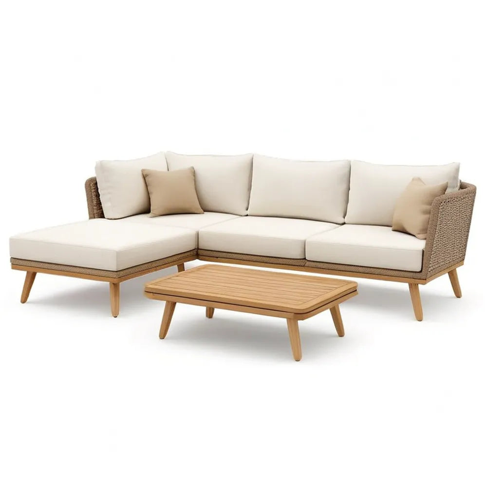 Sofa ogrodowa, Zestaw do barierki ogrodowej 5- część z narożną sofą i stolikiem do kawy 280 x 220 x 70 cm beżu / śmietanka / jasnobrązowa z aluminiową ramą