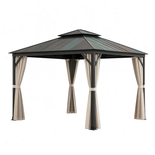 Pergola, Pawilon 300 x 300 x 275 cm stalowa rama stalowy dach z poliestrowymi zasłonami kwadratowymi ciemnoszary beż