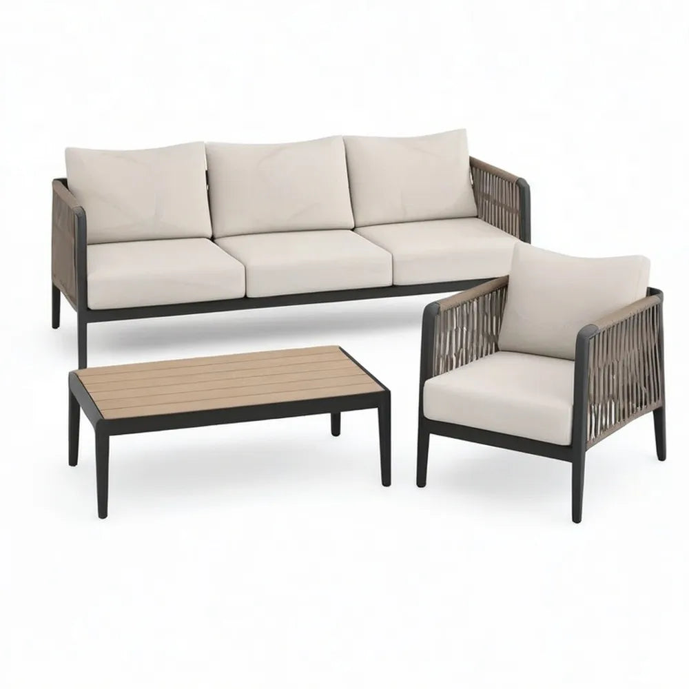 Sofa ogrodowa, Zestaw do siedzenia ogrodowego 3- częściowy z fotelem i stolikiem do kawy ramka z aluminium Beige czarny szary Brązowy 240 x 75 x 70 cm