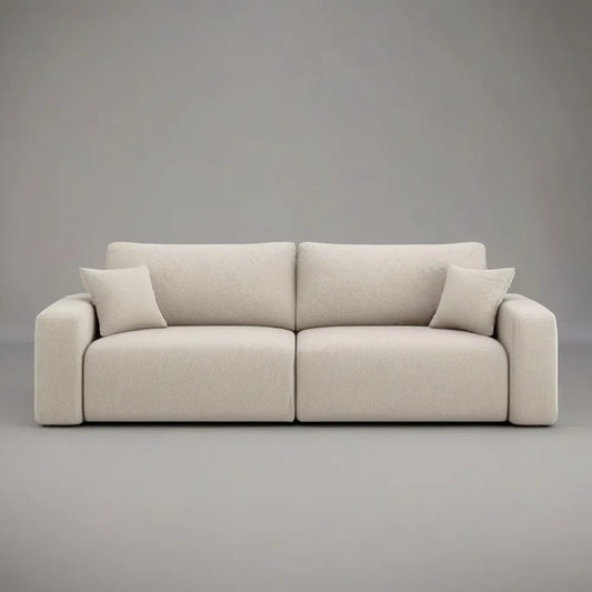 Sofa 3 fotele 230 x 95 x 85 cm w beżowej tkaninie z wyściełanymi poduszkami i szerokimi podłokietnikami