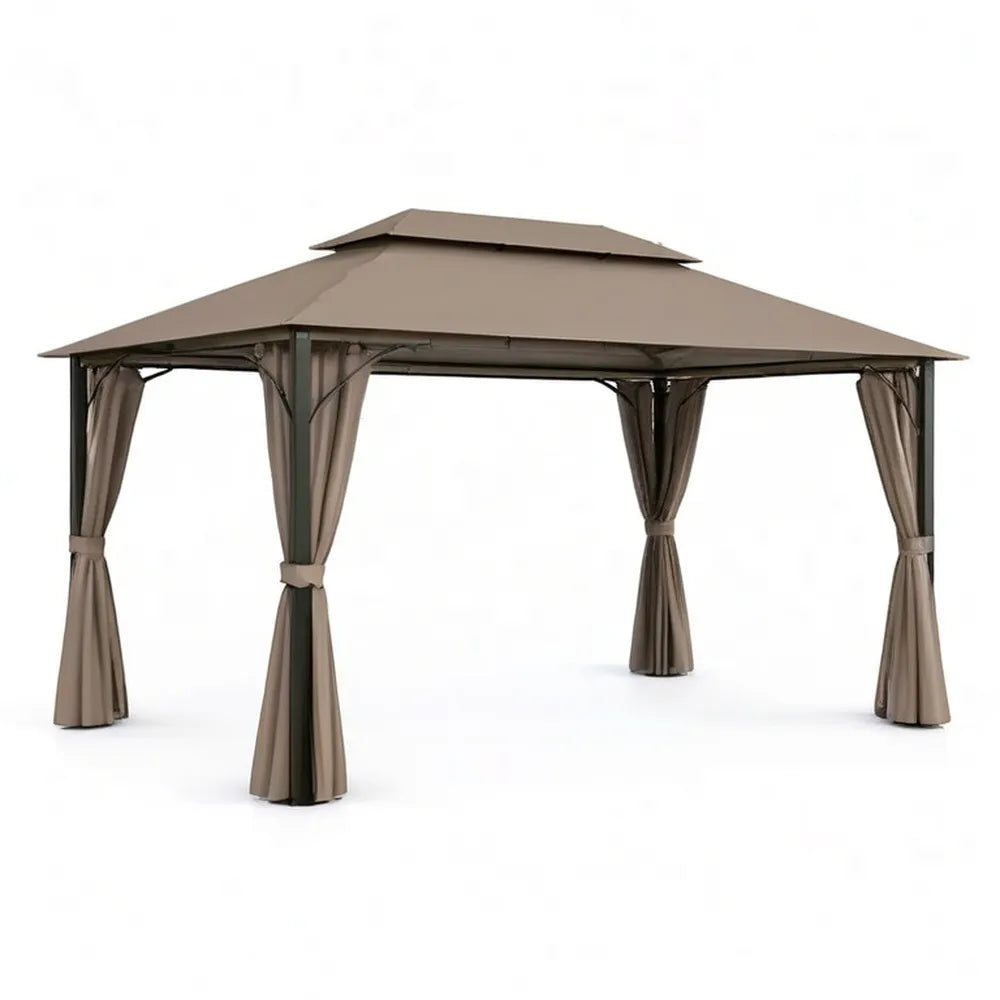 Pergola, Pawilon ogrodowy 300 x 300 x 270 cm Pawilon metalowy z dachem poliestrowym i zasłonami beżowymi / szarymi