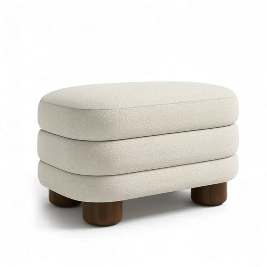 Podnóżek, Pouf footrest owalny 70 x 50 x 43 cm poliestrowa beżowa klamra z nogami w litym drewnie brązowym