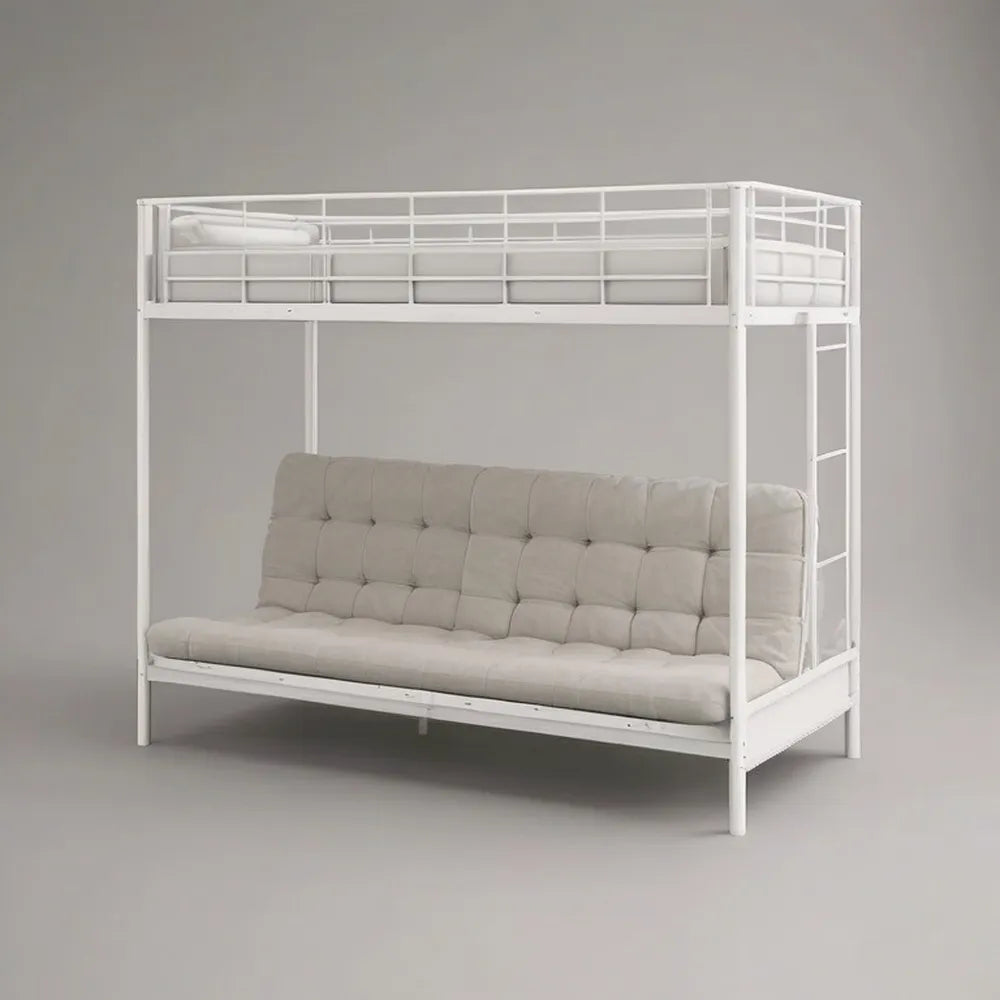Łóżko na antresoli, Podwójne łóżko Loft 140 x 200 cm biały w metalu z dolną sofą wyściełaną
