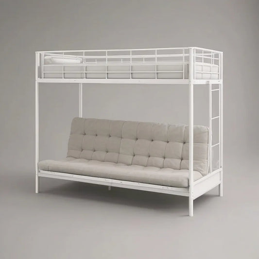Łóżko na antresoli, Podwójne łóżko Loft 140 x 200 cm biały w metalu z dolną sofą wyściełaną