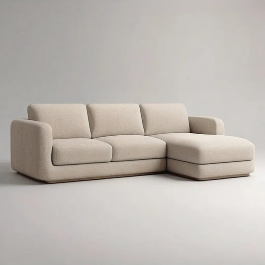 Sofa, Kanapa narożna 280x160x85 cm w beżowej tkaninie z krzesełkowym longiem i wyściełanymi poduszkami