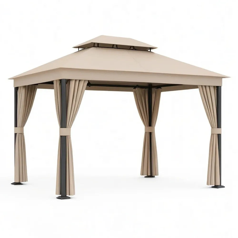 Pergola, Pawilon ogrodowy 300 x 300 x 270 cm z ramą aluminiową, dachem poliestrowym i zasłonami beżowymi / szarymi