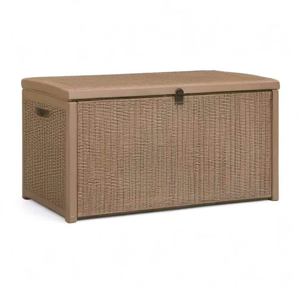 Skrzynia ogrodowa, Skrzynka do przechowywania w ogrodzie 145 x 70 x 65 cm plastikowa rattanowa optyka beżowa z pokrywą