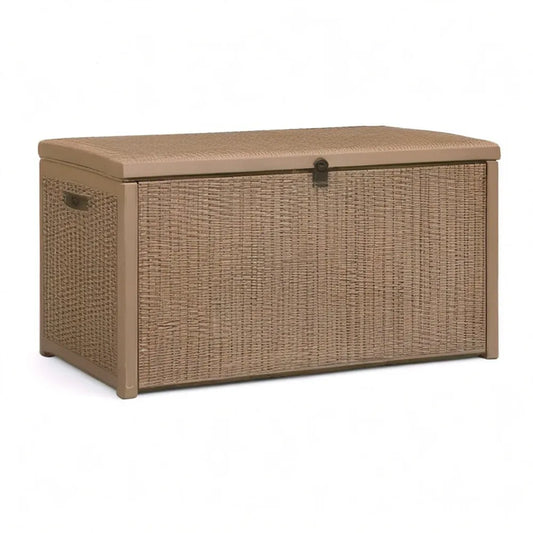 Skrzynia ogrodowa, Skrzynka do przechowywania w ogrodzie 145 x 70 x 65 cm plastikowa rattanowa optyka beżowa z pokrywą