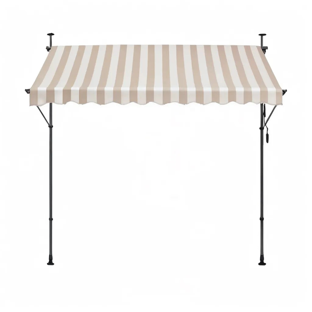 Markiza, Ręczna samonośna, 300 x 120 cm, paski, biała beżowa tafla poliestrowa o konstrukcji ze stali czarnej