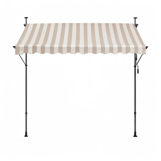 Markiza, Ręczna samonośna, 300 x 120 cm, paski, biała beżowa tafla poliestrowa o konstrukcji ze stali czarnej