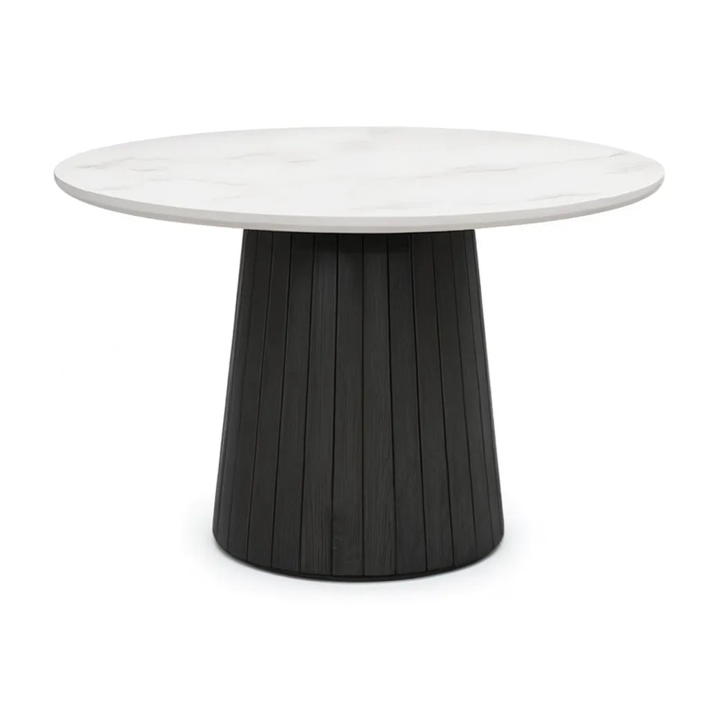 Stół obiadowy okrągły Ø 120 x 75 cm, spiekany kamień górny biały marmur podstawa MDF czarny