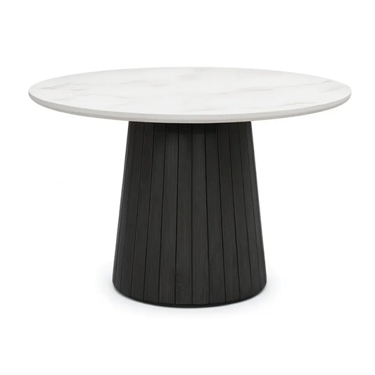 Stół obiadowy okrągły Ø 120 x 75 cm, spiekany kamień górny biały marmur podstawa MDF czarny