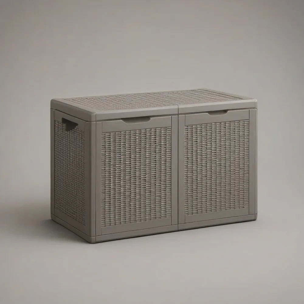 Skrzynia ogrodowa, 120x60x60 cm ławka ogrodowa w plastikowym efekcie rattan szary zewnętrzny pojemnik