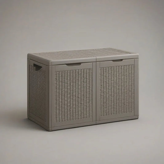 Skrzynia ogrodowa, 120x60x60 cm ławka ogrodowa w plastikowym efekcie rattan szary zewnętrzny pojemnik