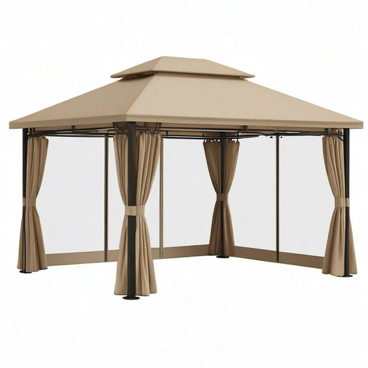 Pergola, Pawilon ogrodowy 300x300x270 cm beżowy z podwójnym dachem poliestrowy tkaniny i zasłony