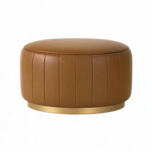 Podnóżek, Okrągły podnóżek ottoman w brązowej skórze PU o złotej podstawie średnicy 80 cm wysokości 45 cm