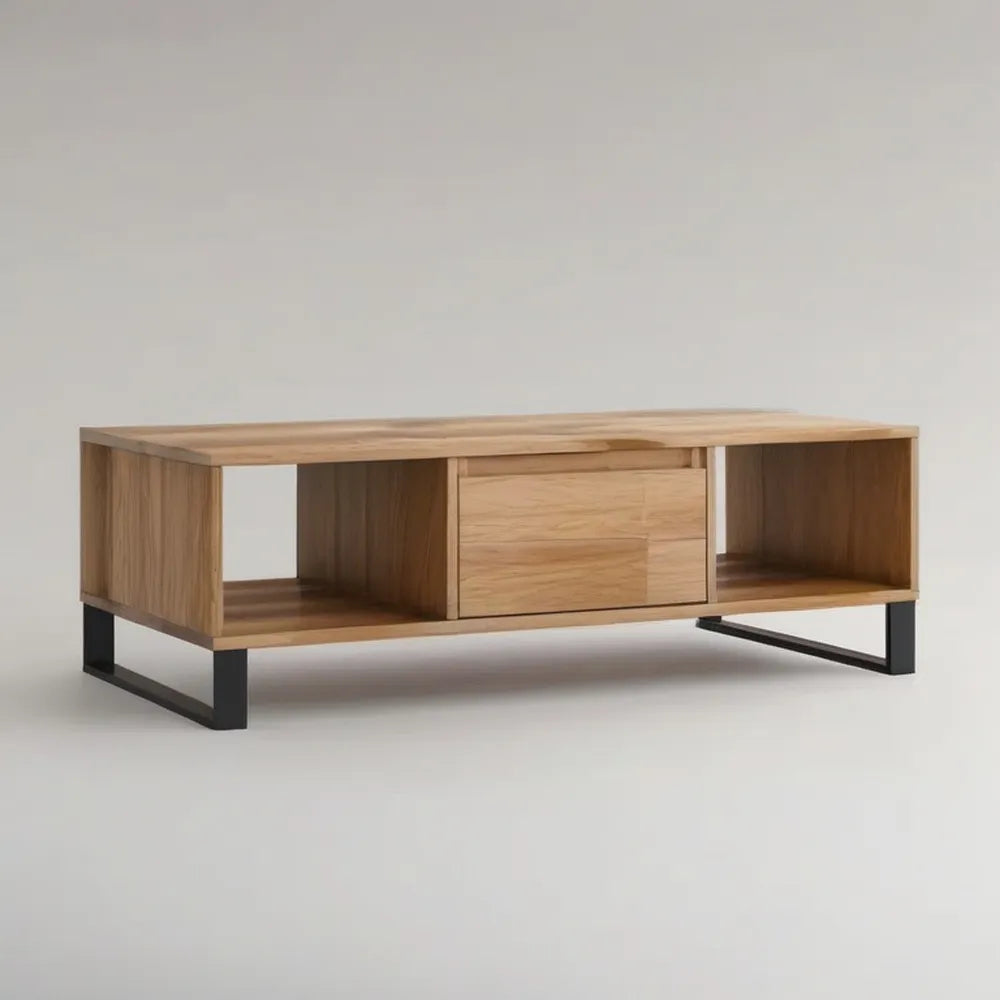 Stolik kawowy, Prostokątny stół do pokoju dziennego 180 x 60 x 45 cm w naturalnym drewnie MDF z szufladą i otwartymi przegródkami