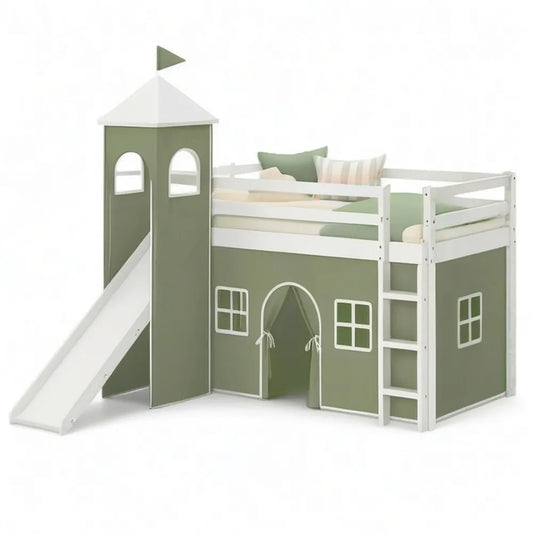 Łóżko dziecięce 90 x 200 cm biały / zielony z drabinką slajdów i playhouse